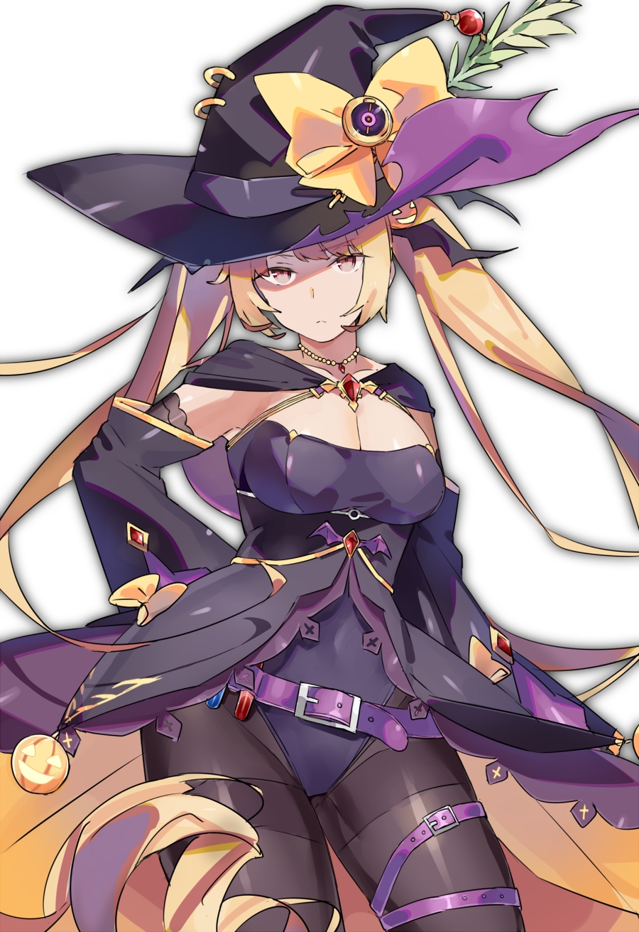 1girl, absurdly_long_hair, alternate_costume, azur_lane, bangs, bat_hair_ornament, belt, black_legwear, blonde_hair, breasts, buckle, cape, cleavage, cowboy_shot, detached_sleeves, dress, food_themed_hair_ornament, hair_ornament, halloween, halloween_costume, hand_on_hip, hat, highres, jack-o'-lantern, large_breasts, leotard, long_hair, looking_at_viewer, nelson_(azur_lane), pantyhose, potion, pumpkin_hair_ornament, purple_leotard, red_eyes, shaded_face, shirotae_moyashi, sidelocks, simple_background, solo, thigh_strap, thighband_pantyhose, twintails, very_long_hair, white_background, wide_sleeves, witch_hat