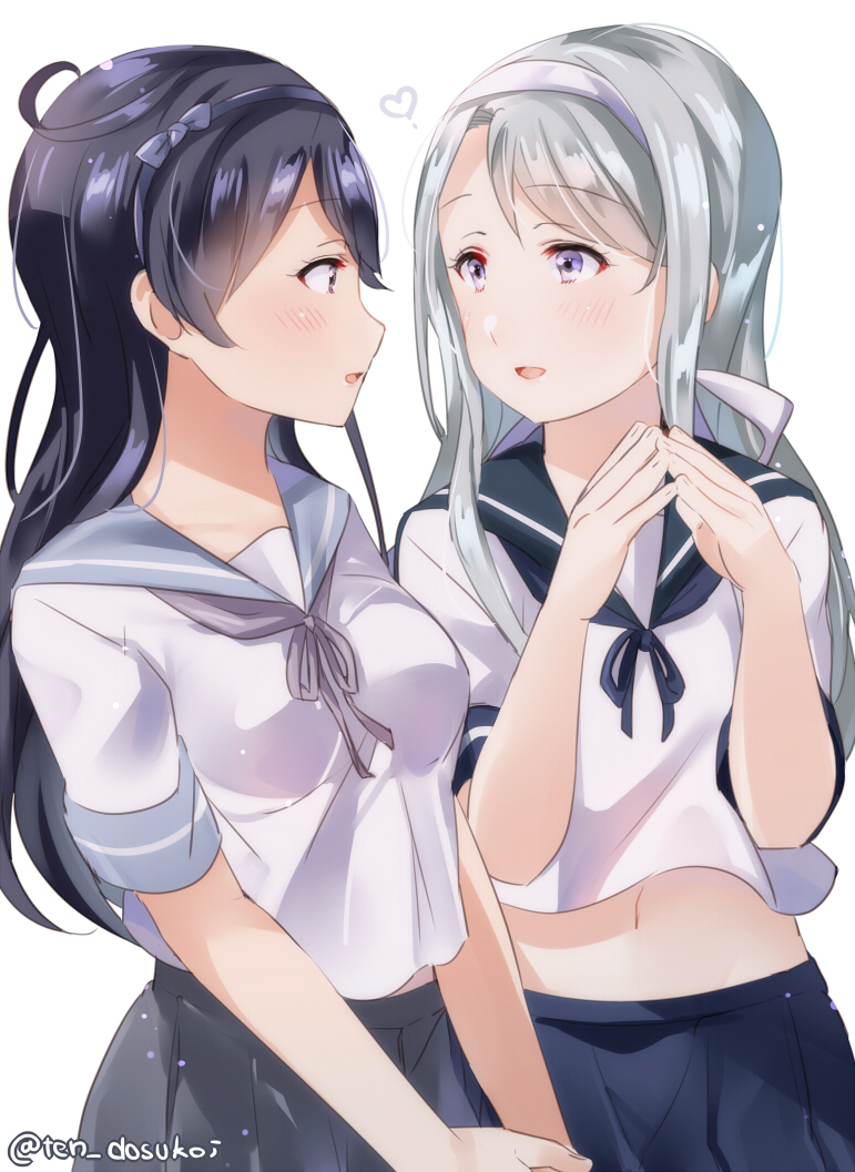 2girls, ahoge, asymmetrical_bangs, bangs, black_hair, blue_bow, blue_hairband, blue_sailor_collar
