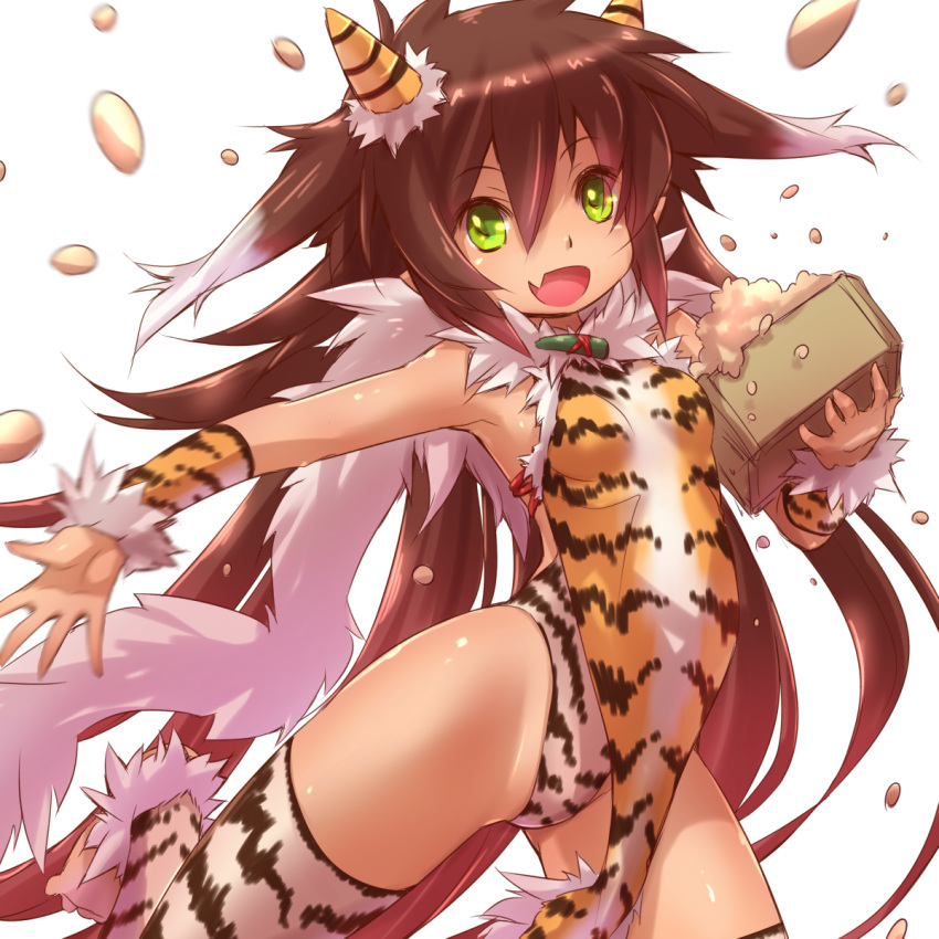 1girl, alternate_costume, animal_print, beans, bella_(sennen_sensou_aigis), breasts, brown_hair, commentary_request, cowboy_shot, fang, fur_trim, green_eyes, highres, long_hair, multicolored_hair, sennen_sensou_aigis, setsubun, small_breasts, solo, tiger_print, tsukigami_chronica, two-tone_hair, very_long_hair, white_hair