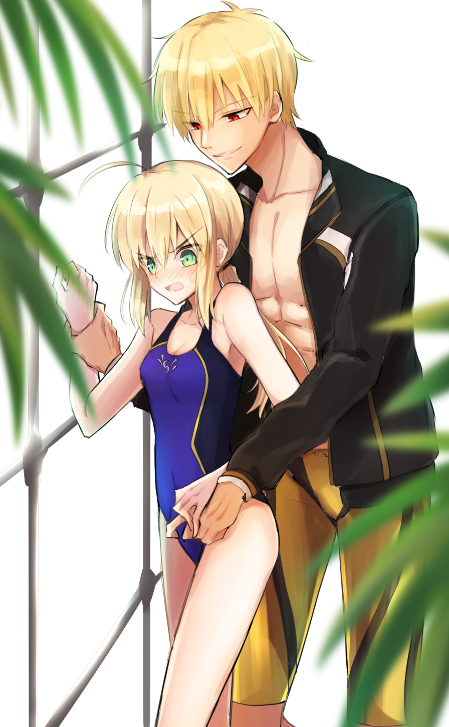 1boy, 1girl, ahoge, artoria_pendragon_(all), black_jacket, blonde_hair, blue_swimsuit, blurry_foreground