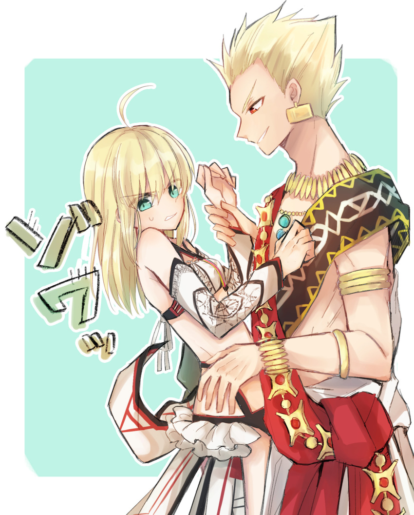 1boy, 1girl, ahoge, altera_(fate), altera_(fate)_(cosplay), aqua_eyes, armlet, artoria_pendragon_(all), blonde_hair, bracelet, cosplay, detached_sleeves, earrings, fate_(series), from_side, gilgamesh, highres, jewelry, long_hair, long_sleeves, nayu_tundora, necklace, red_eyes, saber, sketch, standing, white_sleeves, wrist_grab