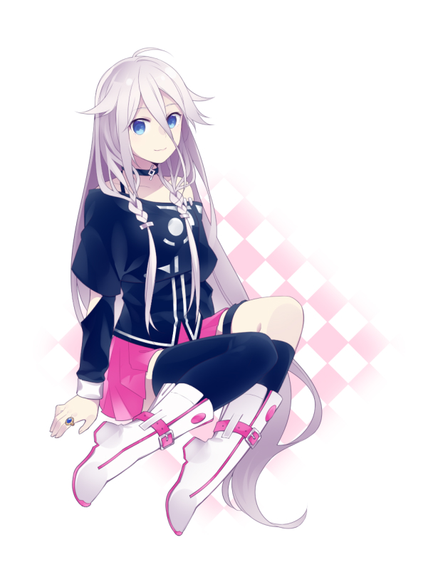 1girl, asymmetrical_legwear, black_legwear, black_shirt, blue_eyes, boots, checkered, checkered_background