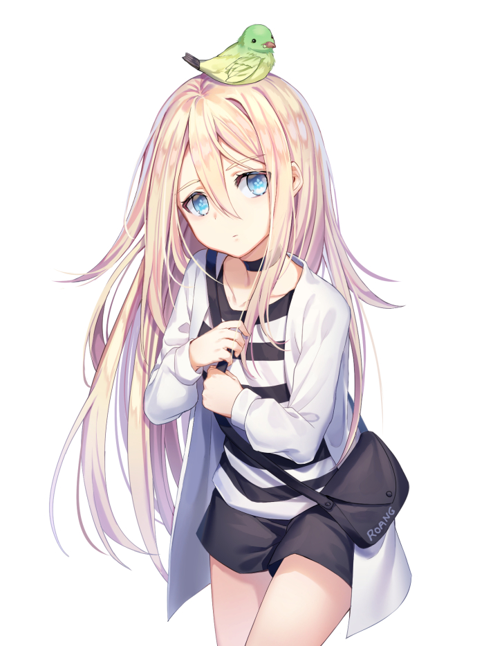 1girl, animal, animal_on_head, bird, bird_on_head, black_shorts, blonde_hair, blue
