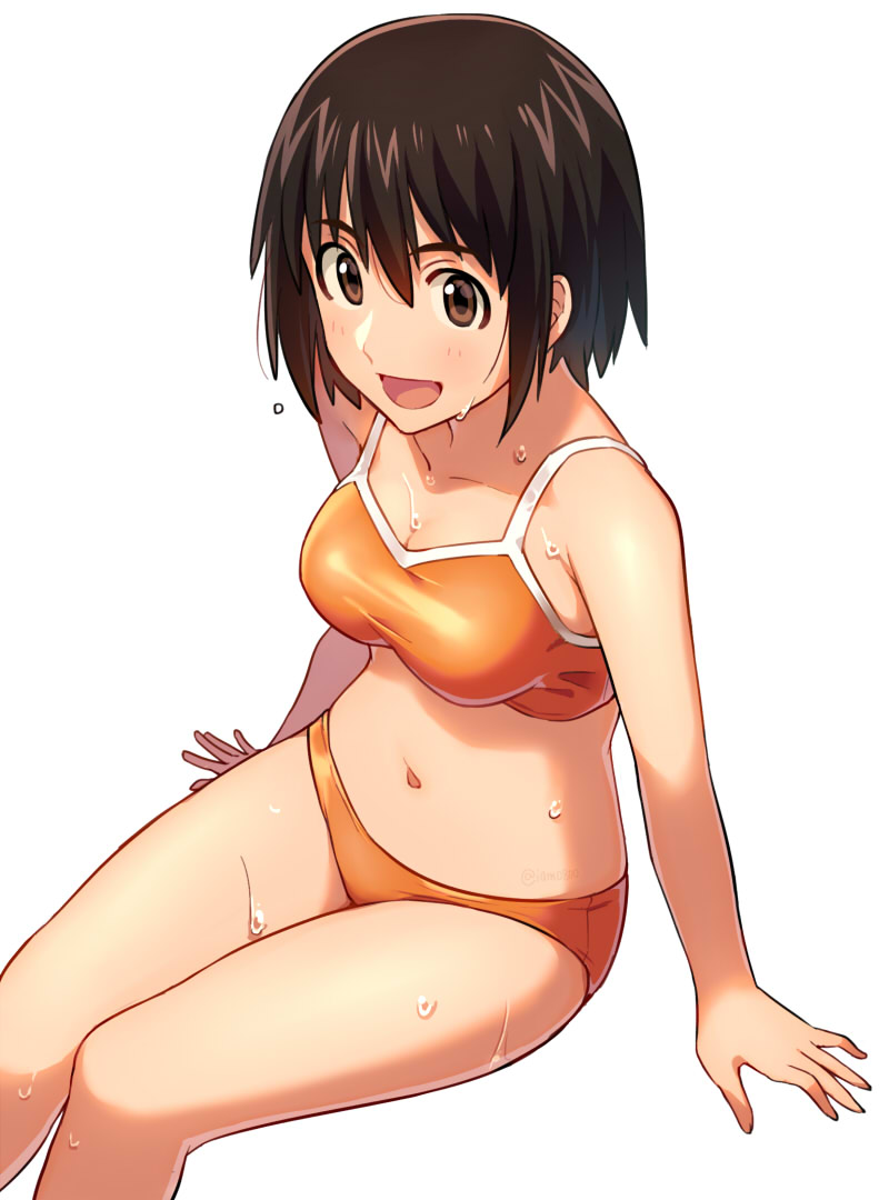 1girl, :d, arm_support, arms_at_sides, ayase_fuuka, bangs, bikini, breasts
