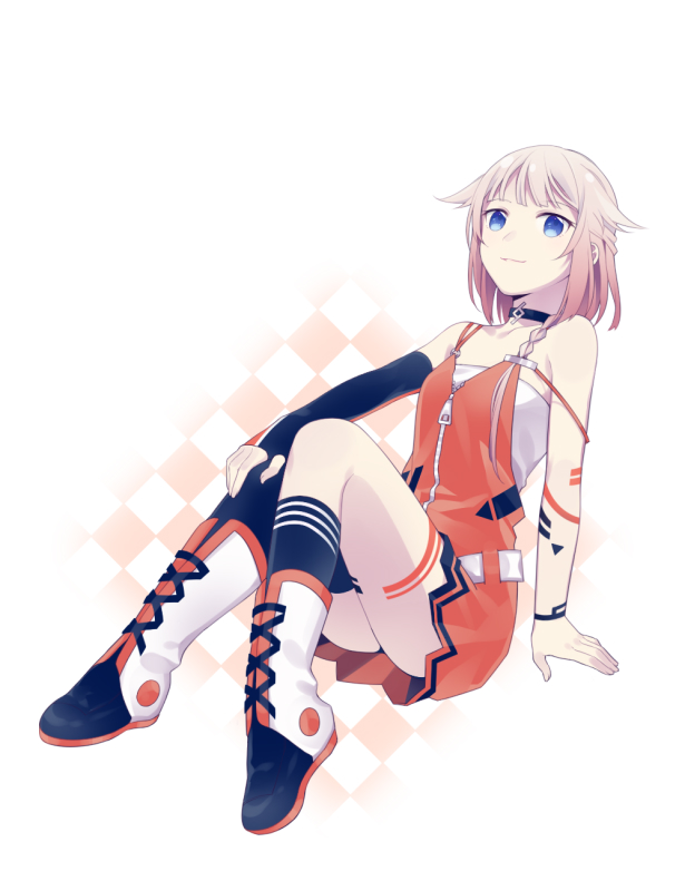 1girl, arm_support, asymmetrical_legwear, black_legwear, black_sleeves, blue_eyes, boots, brown_hair