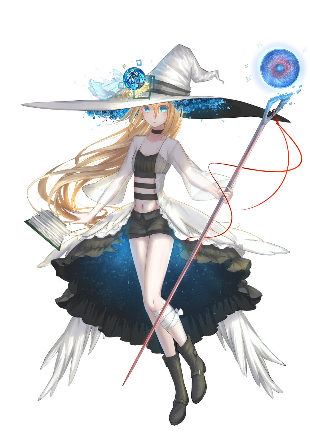 1girl, adapted_costume, bandage, black_cape, black_footwear, black_shorts, blonde_hair, book, boots, breasts, cape, collarbone, floating_hair, full_body, hat, hat_ribbon, highres, holding, holding_staff, long_hair, midriff, navel, open_book, rachel_gardner, ribbon, rin_(pixiv4106191), satsuriku_no_tenshi, see-through, short_shorts, shorts, simple_background, small_breasts, solo, staff, stomach, very_long_hair, waist_cape, white_background, white_hat, witch_hat