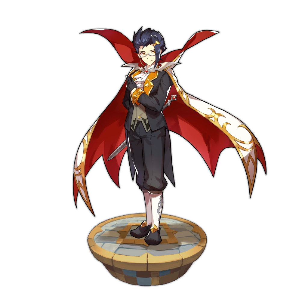 1boy, bat_ornament, black_hair, butler, cape, dragalia_lost, edward_(dragalia_lost), fang, fang_out, hair_ornament, hairclip, holding, holding_weapon, looking_at_viewer, non-web_source, official_art, sword, transparent_background, vampire_costume, weapon, yellow_eyes