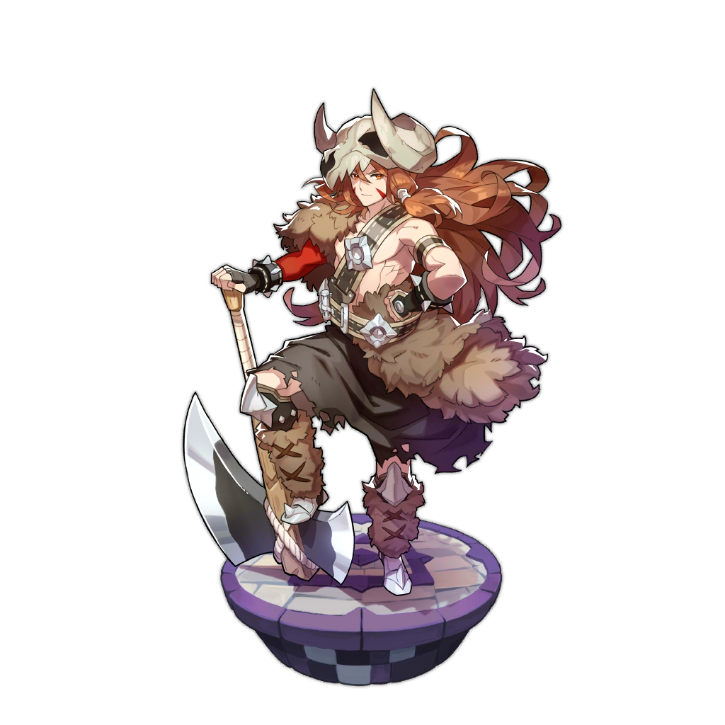 1boy, axe, boots, brown_eyes, brown_hair, dragalia_lost, erik_(dragalia_lost), facepaint, holding, holding_weapon, long_hair, looking_at_viewer, non-web_source, official_art, skull_mask, spiked_armlet, weapon