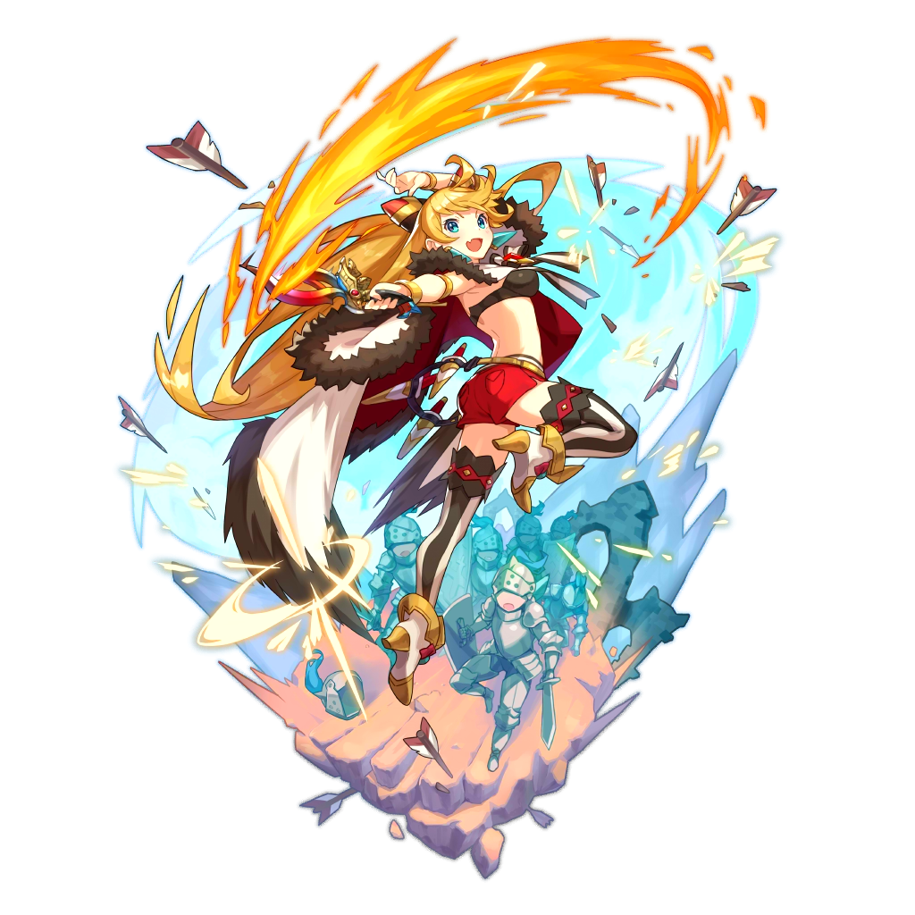 1girl, :d, arrow, blonde_hair, blue_eyes, broken_arrow, cape, dagger