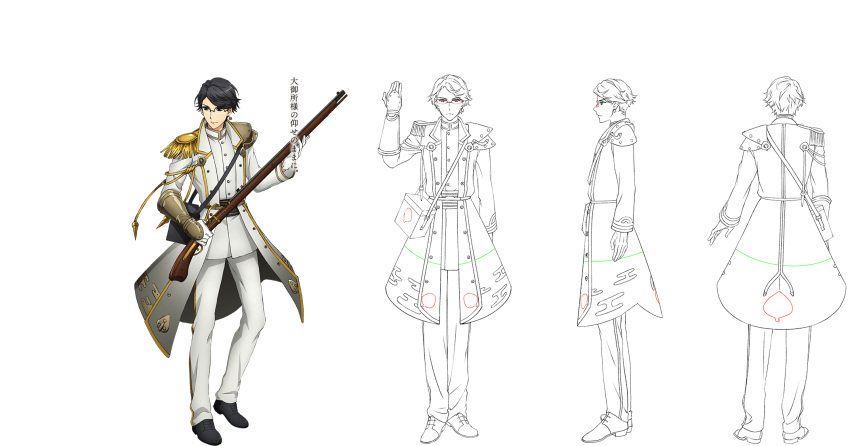 aiguillette, antique_firearm, armor, bangs, black_eyes, black_gloves, black_hair, character_sheet