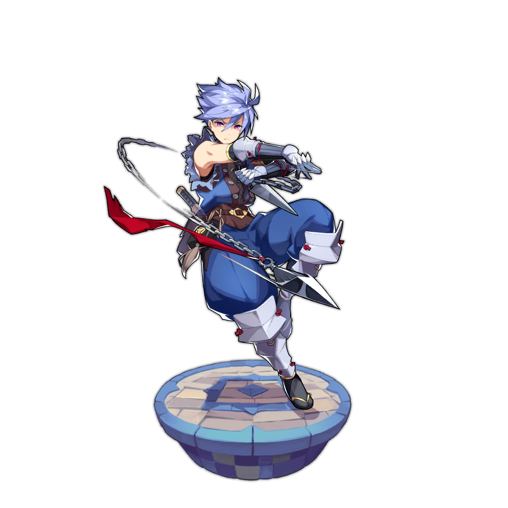 1boy, artist_request, attacking_viewer, bare_shoulders, blue_hair, dagger, dragalia_lost, holding, jurota, kunai, looking_at_viewer, ninja, non-web_source, official_art, sandals, short_hair, throwing, transparent_background, violet_eyes, weapon