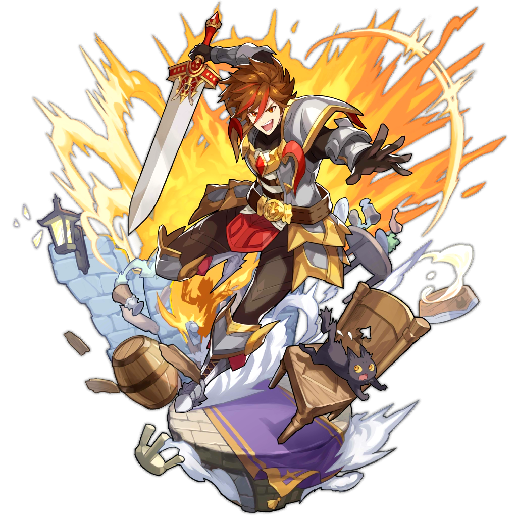 1boy, armor, armored_boots, artist_request, barrel, boots, bowl, brown_hair, cat, chair, dragalia_lost, explosion, holding, karl_(dragalia_lost), lamp, looking_at_viewer, milk, multicolored_hair, non-web_source, official_art, open_mouth, short_hair, smile, streaked_hair, sword, transparent_background, weapon