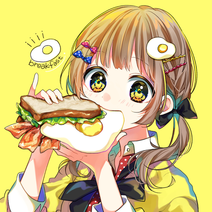 1girl, bacon, bangs, black_bow, blue_ribbon, bow, brown_hair, eating