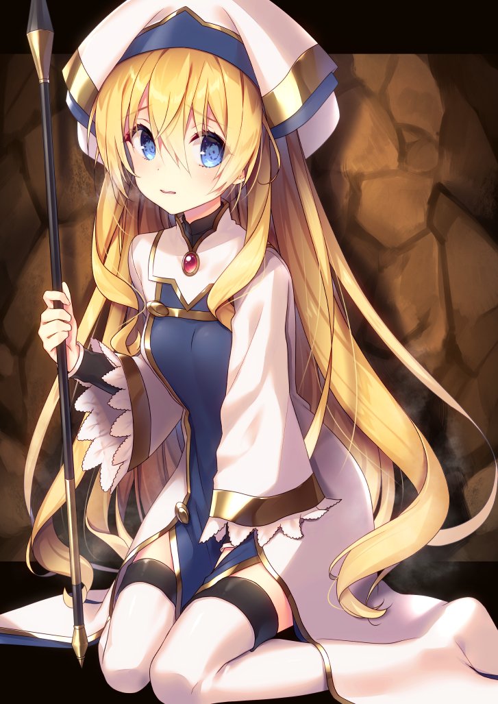 1girl, :d, blue_eyes, breasts, cave, cleric, commentary_request, covering