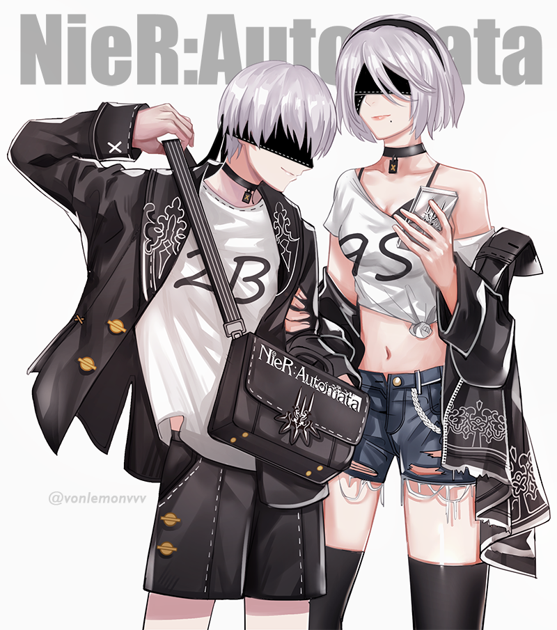1boy, 1girl, bag, black_bra, black_choker, black_legwear, black_shorts, blindfold