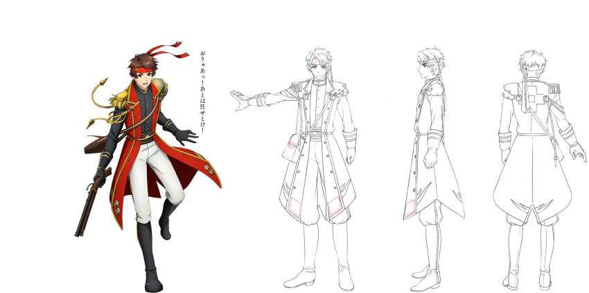 aiguillette, antique_firearm, armor, black_gloves, boots, brown_hair, character_sheet, epaulettes