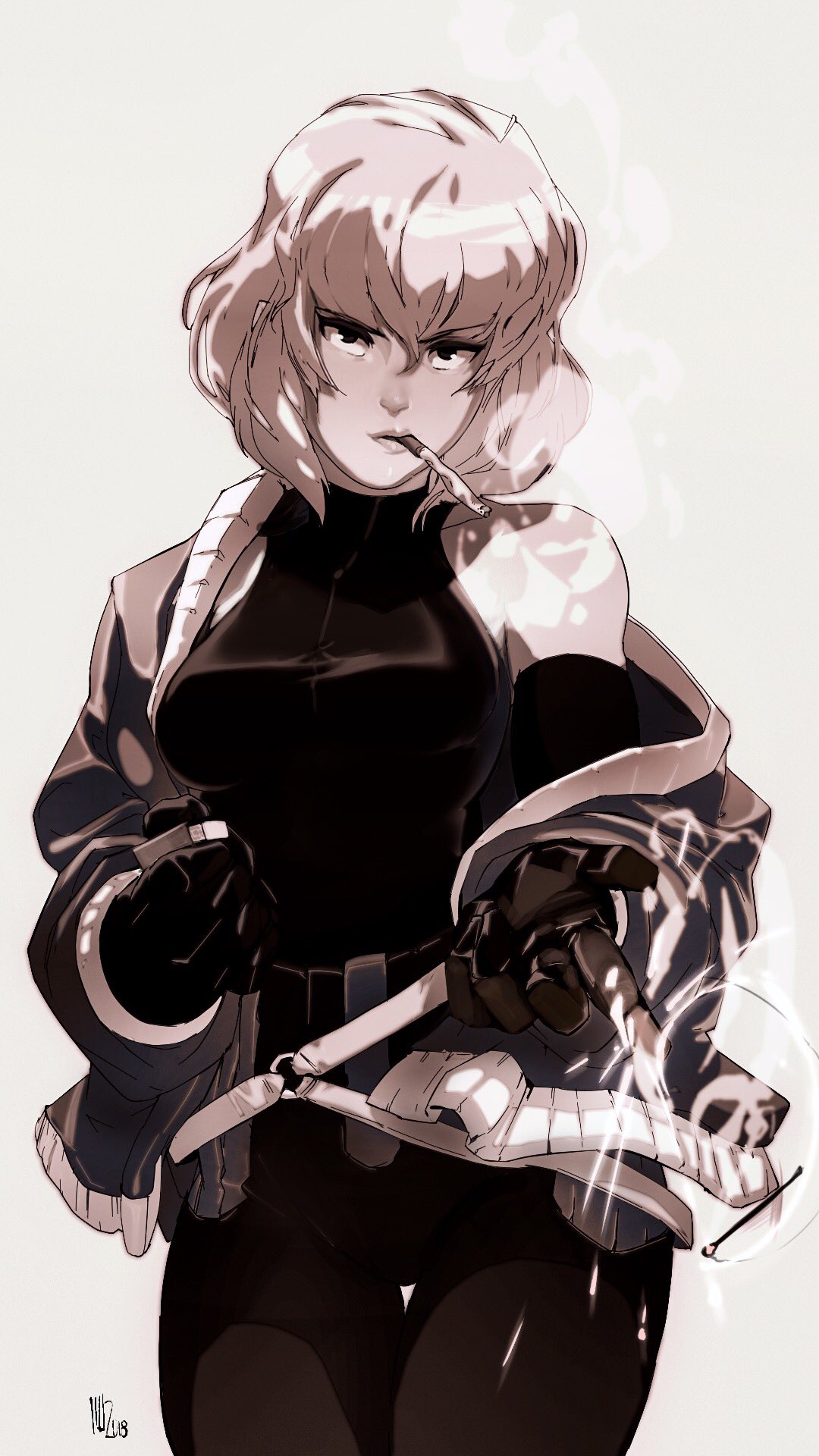 1girl, 90s, bangs, belt, bodysuit, breasts, cigarette, commentary, cowboy_shot, david_liu, elbow_gloves, english_commentary, finger_gun, fire, gloves, greyscale, highres, jacket, lighter, looking_at_viewer, medium_breasts, monochrome, off_shoulder, open_clothes, open_jacket, pi_(space_maria), short_hair, small_breasts, smoke, smoking, solo, space_maria, standing, thigh_gap, zippo_(object)