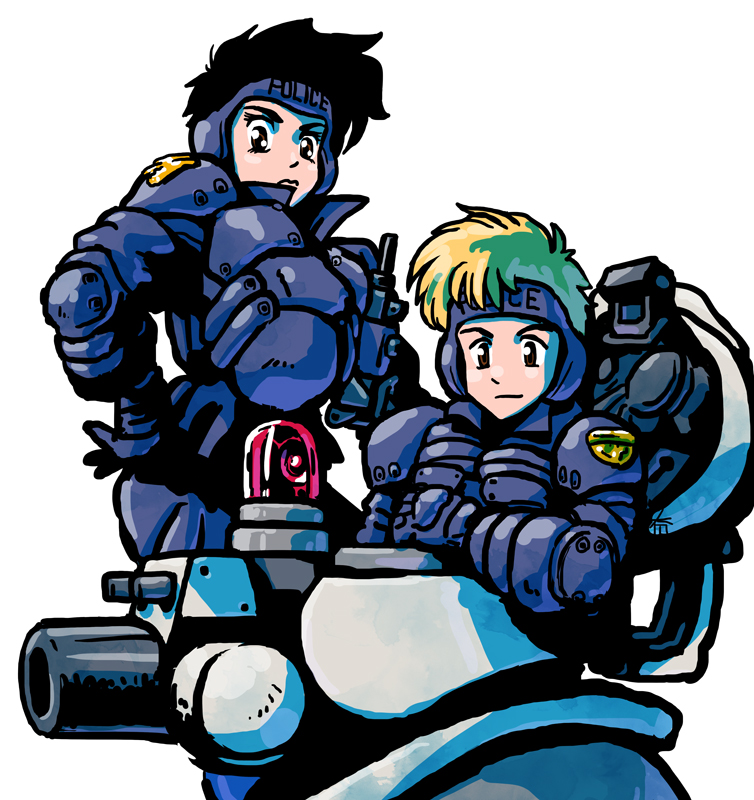 1boy, 1girl, armor, black_hair, blonde_hair, bonaparte_(tank), brown_eyes, dominion
