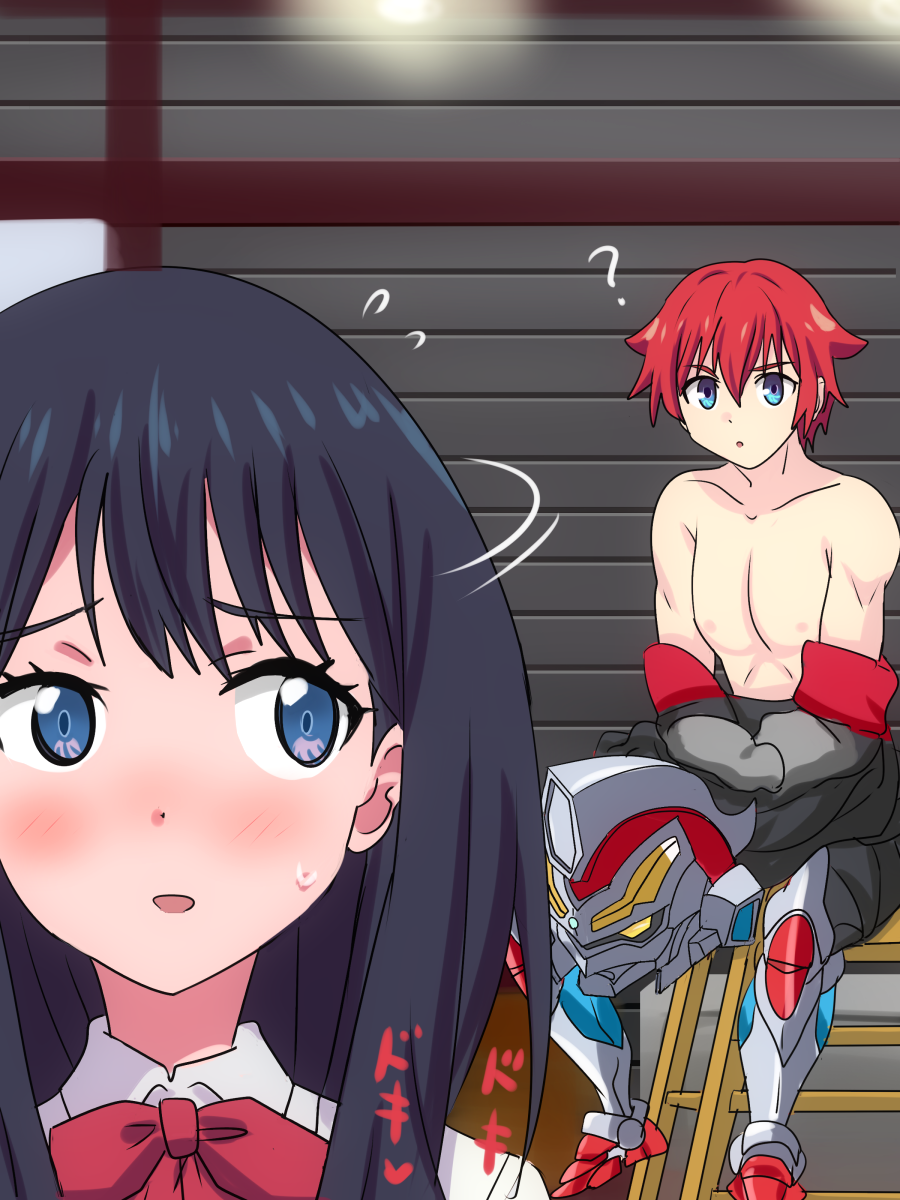 1boy, 1girl, ?, bangs, black_hair, blue_eyes, blush, bow