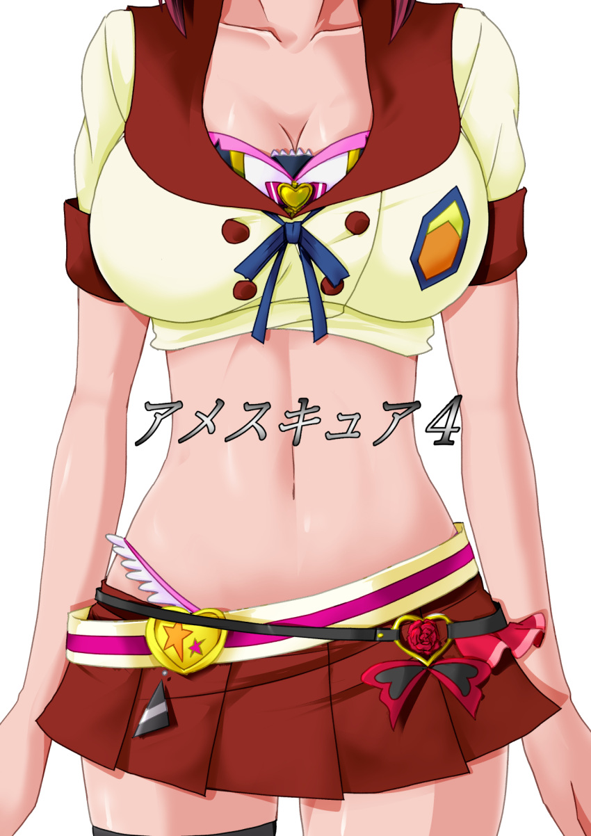 1girl, adapted_costume, aino_megumi, bare_arms, black_legwear, breasts, cleavage, crop_top, happinesscharge_precure!, head_out_of_frame, highres, large_breasts, midriff, navel, pleated_skirt, precure, red_skirt, school_uniform, simple_background, single_thighhigh, skirt, solo, standing, tamo_(nama-yatsuhashi), thigh-highs, white_background