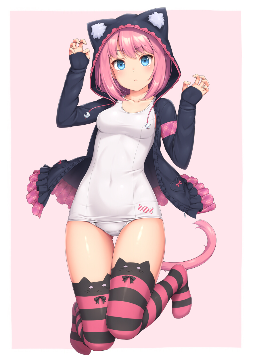 1girl, animal_band_legwear, animal_hood, ass_visible_through_thighs, blue_eyes, breasts, cat_band_legwear, cat_hood