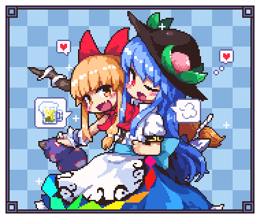 2girls, alcohol, beer, beer_mug, blue_bow, blue_hair, blue_skirt, blush, bow, brown_eyes, brown_hair, checkered, checkered_background, food, frame, fruit, gourd, hat, heart, hinanawi_tenshi, horn, ibuki_suika, kumamoto_(bbtonhk2), leaf, long_hair, lowres, multiple_girls, neck_ribbon, one_eye_closed, open_mouth, peach, pixel_art, puffy_short_sleeves, puffy_sleeves, red_eyes, red_ribbon, ribbon, shirt, short_sleeves, skirt, smile, speech_bubble, thought_bubble, touhou, white_shirt, wrist_cuffs