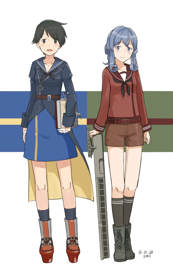 2girls, black_hair, black_legwear, black_neckwear, blue_eyes, blue_hair, blue_sailor_collar, blue_skirt