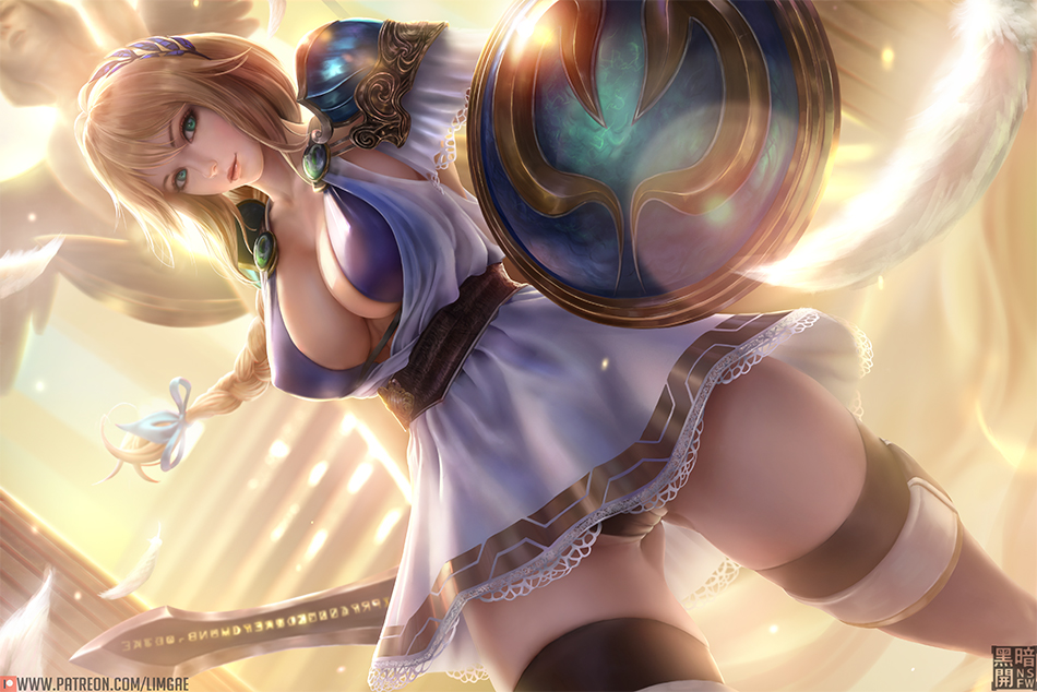 1girl, armor, armored_dress, bangs, black_panties, blonde_hair, braid, breasts
