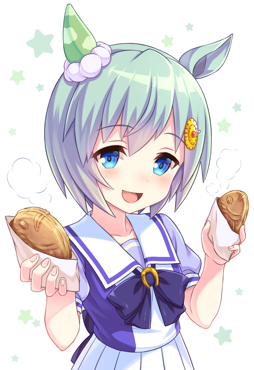 1girl, :d, animal_ears, bangs, blue_eyes, blush, bow, collarbone