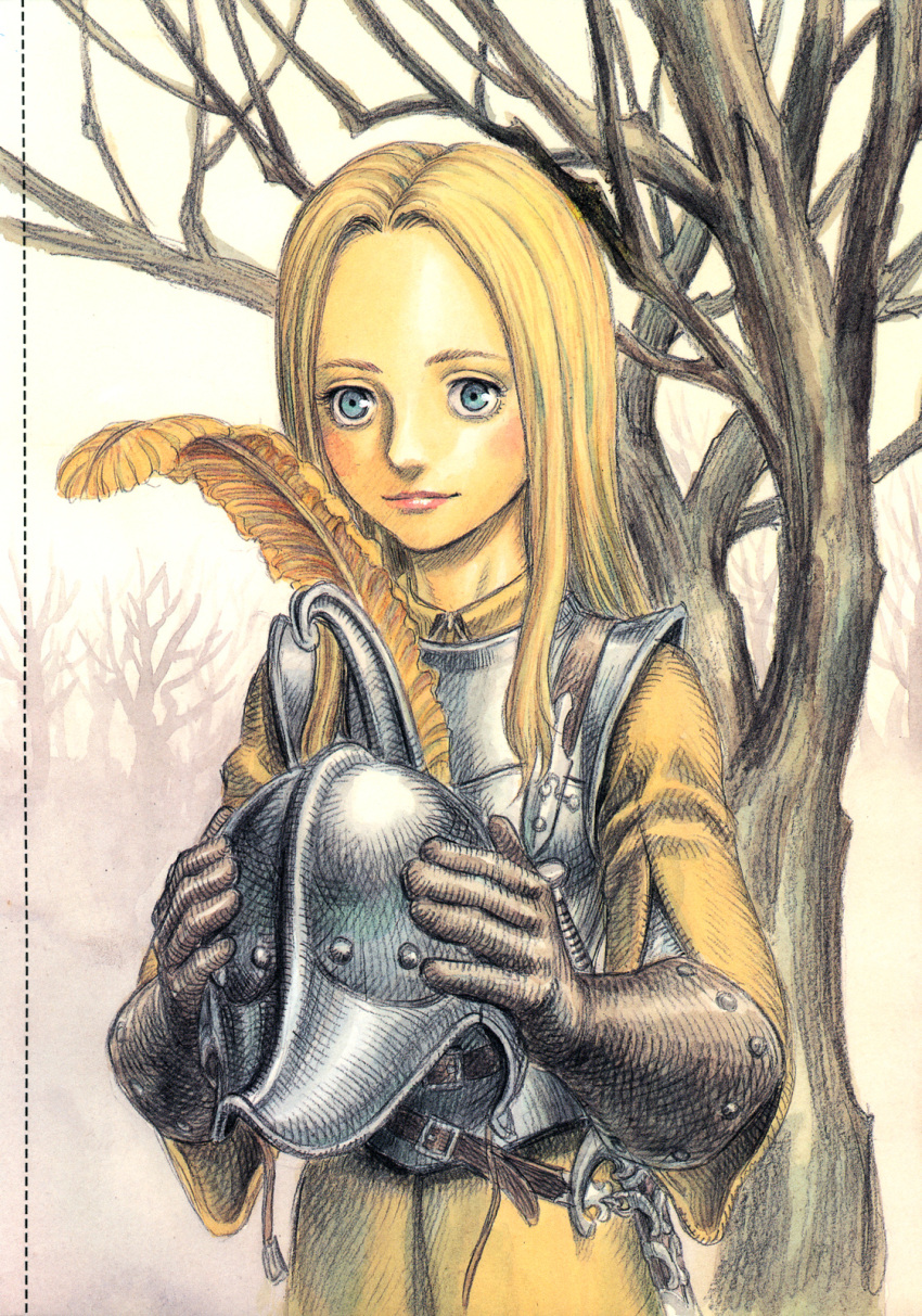 belt, berserk, blonde_hair, blue_eyes, feathers, gloves, helmet, highres
