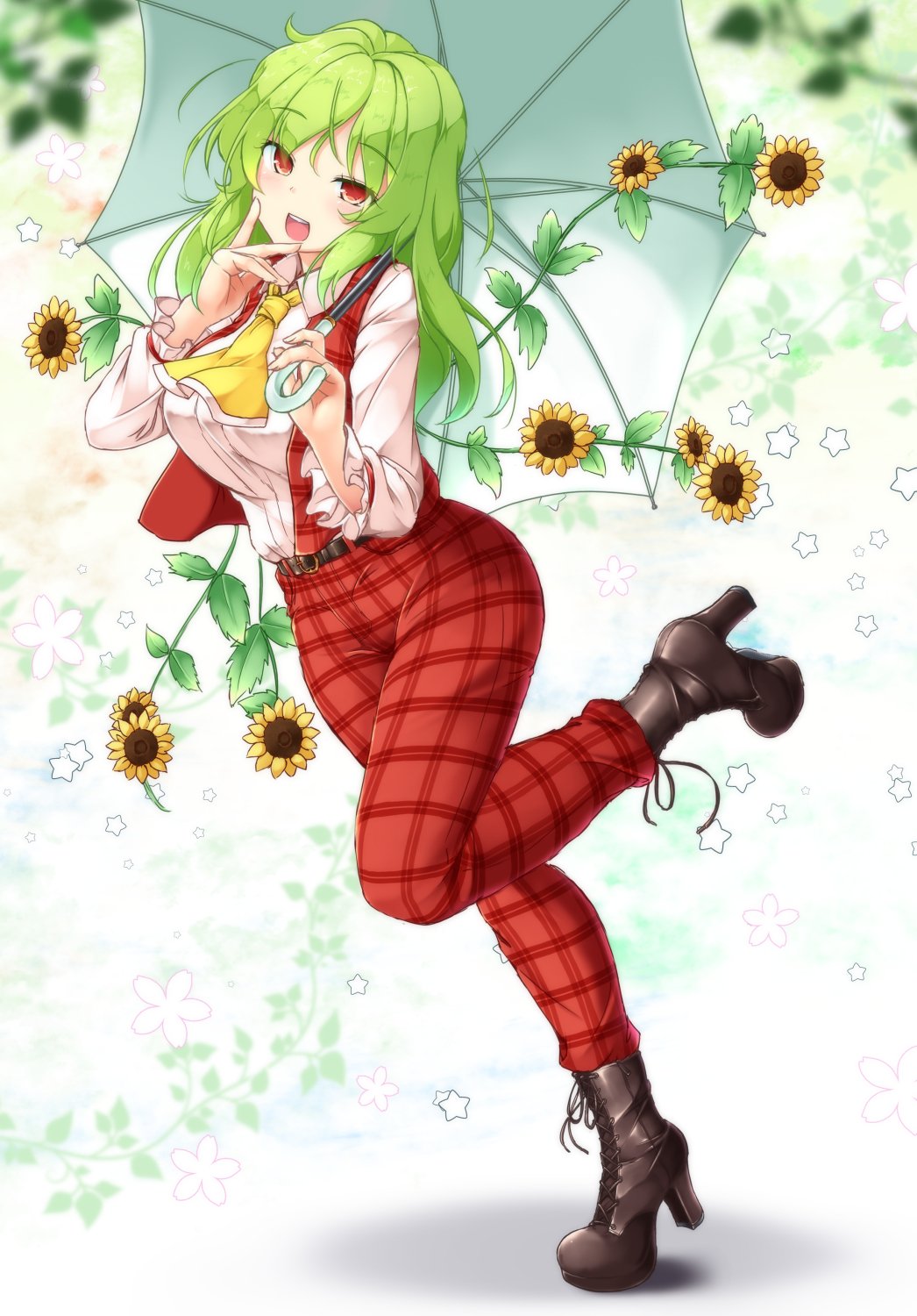 1girl, :d, aka_tawashi, ascot, bangs, belt, blush, boots, breasts, brown_footwear, commentary_request, eyebrows_visible_through_hair, flower, full_body, green_hair, green_umbrella, hands_up, head_tilt, high_heel_boots, high_heels, highres, holding, holding_umbrella, kazami_yuuka, kazami_yuuka_(pc-98), large_breasts, leaf, leg_up, long_sleeves, looking_at_viewer, open_mouth, pants, plaid, plaid_pants, plaid_vest, red_eyes, red_pants, red_vest, shadow, shirt, smile, solo, standing, standing_on_one_leg, star, sunflower, thighs, touhou, touhou_(pc-98), umbrella, vest, white_shirt, wing_collar, yellow_neckwear