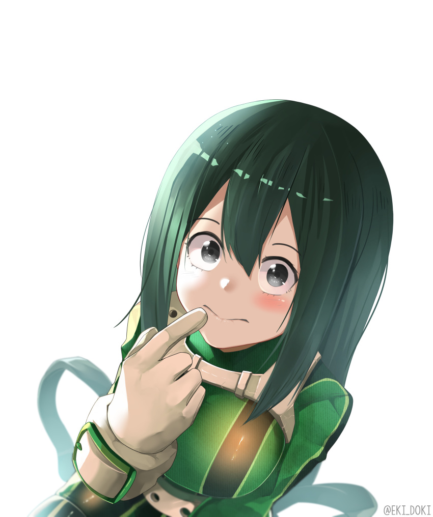 1girl, absurdres, asui_tsuyu, black_eyes, black_hair, blush, bodysuit, boku_no_hero_academia, breasts, eki_doki, gloves, hair_between_eyes, highres, long_hair, looking_at_viewer, medium_breasts, solo, twitter_username, upper_body, very_long_hair