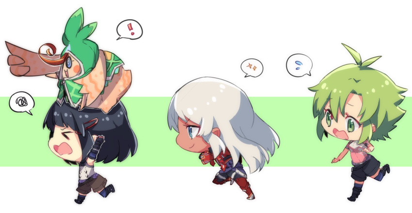 armor, black_hair, blue_eyes, blush, bodysuit, breasts, chibi, dark_skin