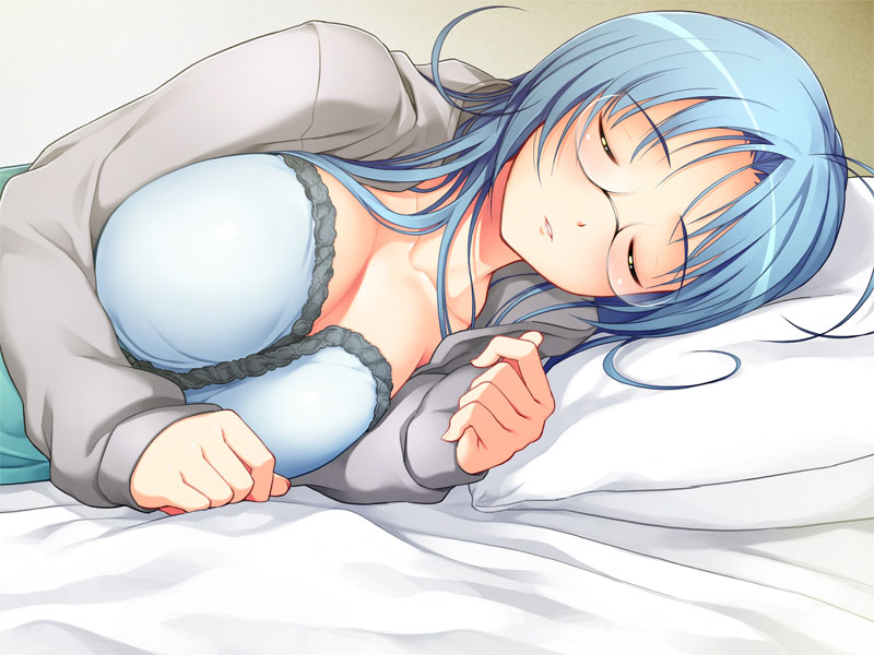 blue_hair, breasts, cleavage, closed_eyes, dress, garnet_(sumaga), glasses, hood, hoodie, huge_breasts, long_hair, long_sleeves, lying, nightgown, sleeping, strapless, strapless_dress, sumaga