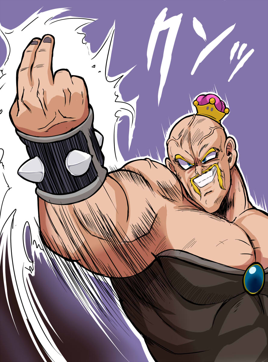 arm_up, aura, bald, black_dress, black_nails, blonde_hair, blue_brooch, blue_eyes