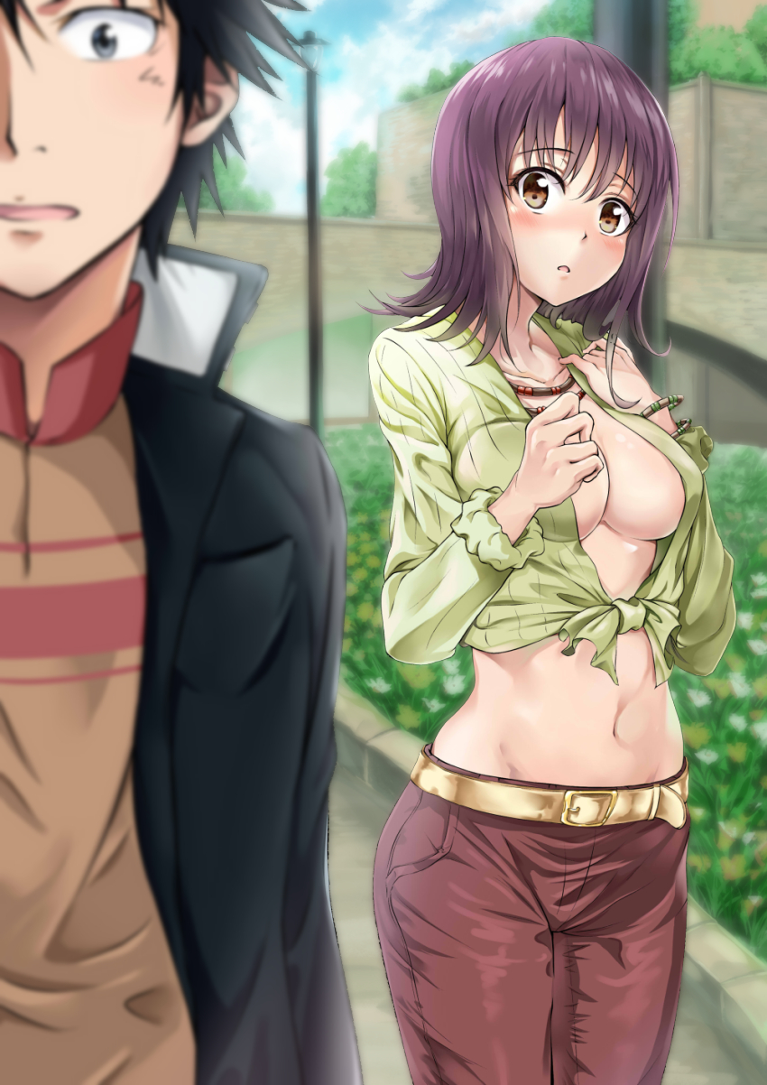 1boy, 1girl, :o, bangs, belt, black_eyes, black_hair, black_jacket