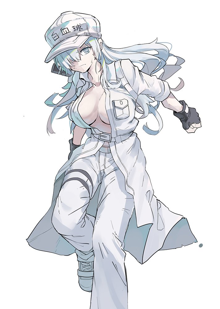 1girl, breasts, fingerless_gloves, flat_cap, gloves, hair_over_one_eye, hat, hataraku_saibou