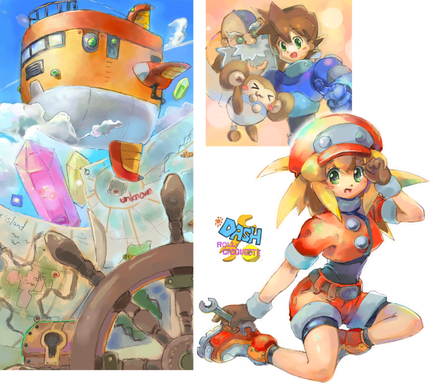 1girl, bike_shorts, blonde_hair, breasts, brown_gloves, cabbie_hat, commentary_request, crystal