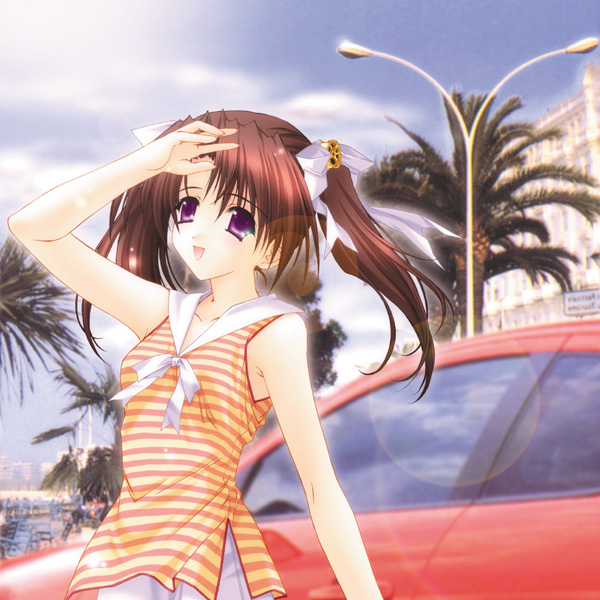 hair_ornament, kimizuka_aoi, lamppost, lens_flare, motor_vehicle, palm_tree, palm_trees, sky