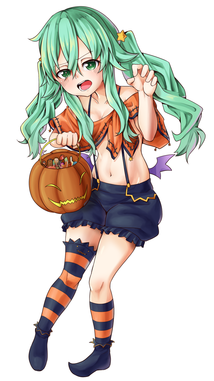 1girl, ajidot, asymmetrical_legwear, bag, bare_shoulders, bat_wings, black_shorts, blush