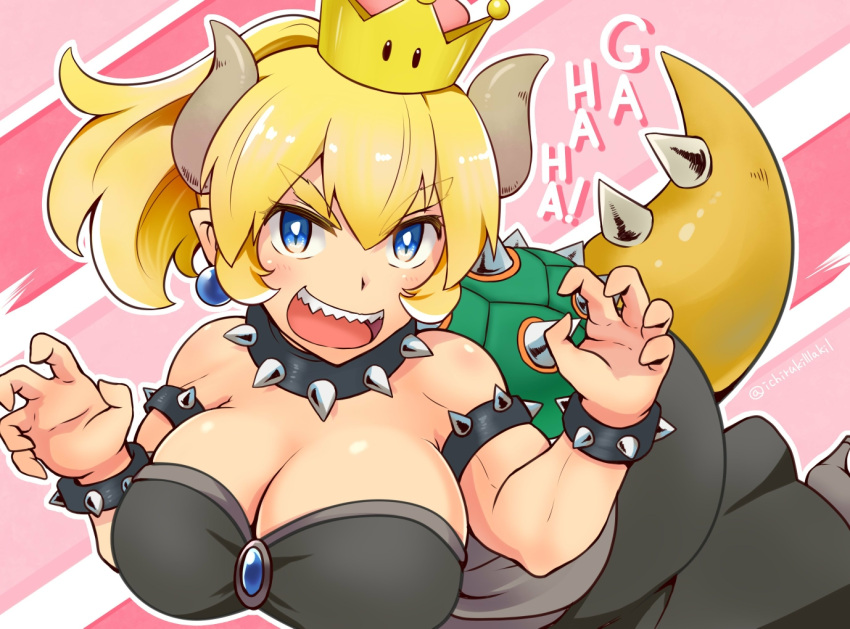 1girl, bare_shoulders, blonde_hair, blue_earrings, blue_eyes, bowsette, bracelet, breasts