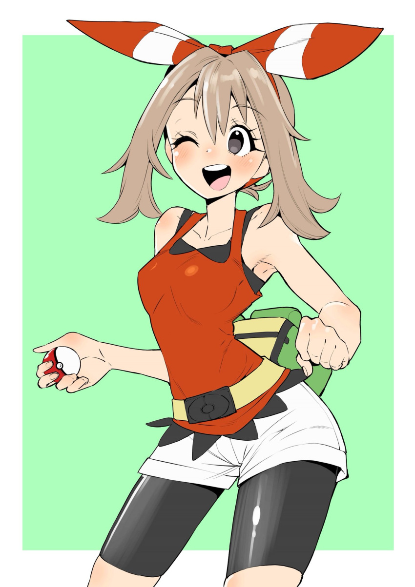 1girl, ;), bike_shorts, bow, breasts, brown_eyes, brown_hair, collarbone, creatures_(company), game_freak, hair_bow, haruka_(pokemon), highres, hirakata_masahiro, holding, holding_poke_ball, nintendo, one_eye_closed, open_mouth, poke_ball, poke_ball_(generic), pokemon, pokemon_(game), pokemon_oras, short_hair, sidelocks, smile, solo, tank_top