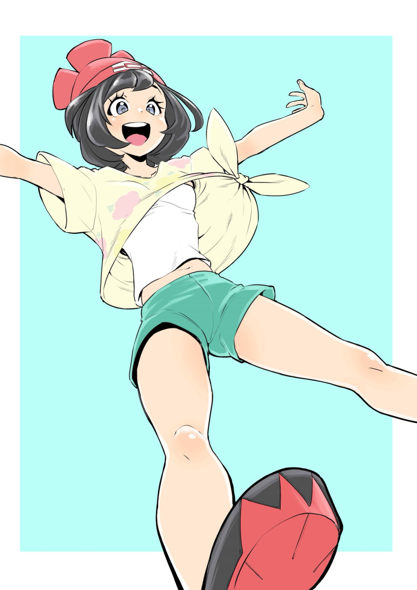 1girl, bangs, bare_legs, beanie, black_hair, blue_eyes, creatures_(company), game_freak, green_shorts, hat, highres, hirakata_masahiro, mizuki_(pokemon), nintendo, pokemon, pokemon_(game), pokemon_sm, red_hat, shirt, shoes, short_hair, short_shorts, short_sleeves, shorts, sneakers, swept_bangs, tied_shirt