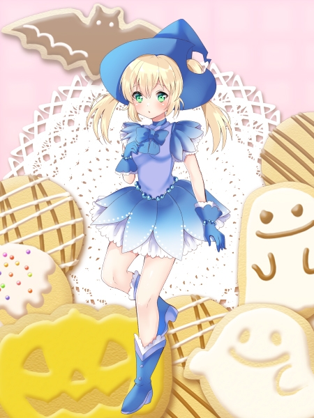 1girl, bangs, blonde_hair, blue_bow, blue_footwear, blue_gloves, blue_hat, blue_skirt