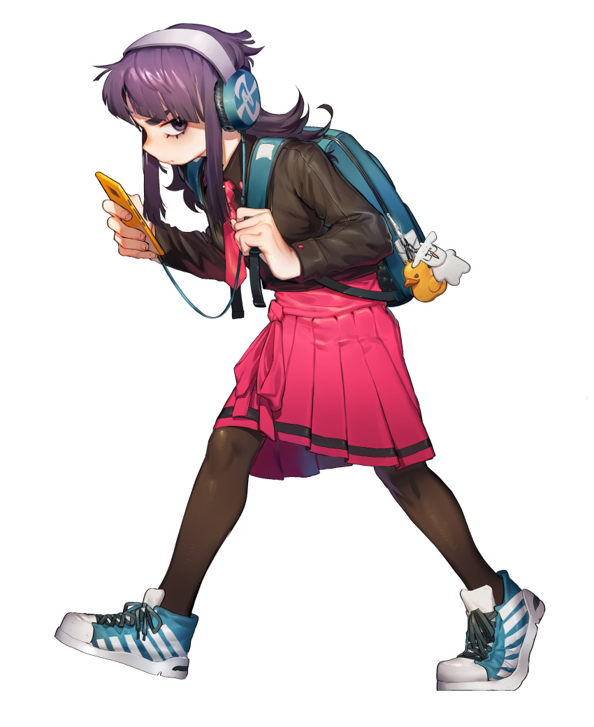 1girl, absurdres, arms_up, bangs, black_legwear, black_shirt, blue_backpack, blue_footwear