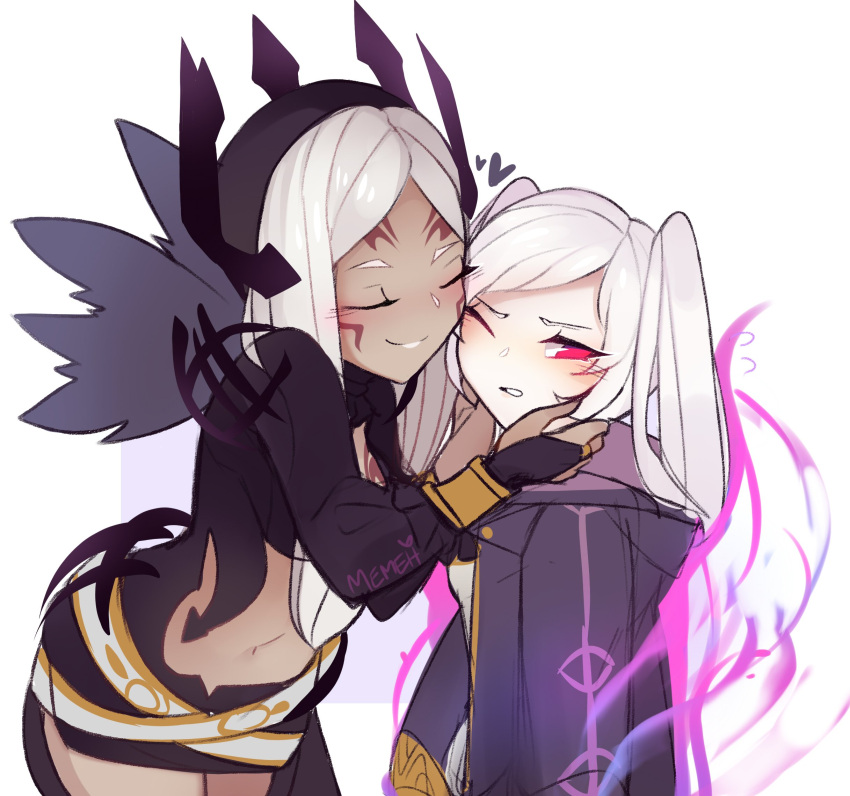 2girls, artist_name, aura, blush, bracelet, bridal_gauntlets, cheek-to-cheek, closed_eyes