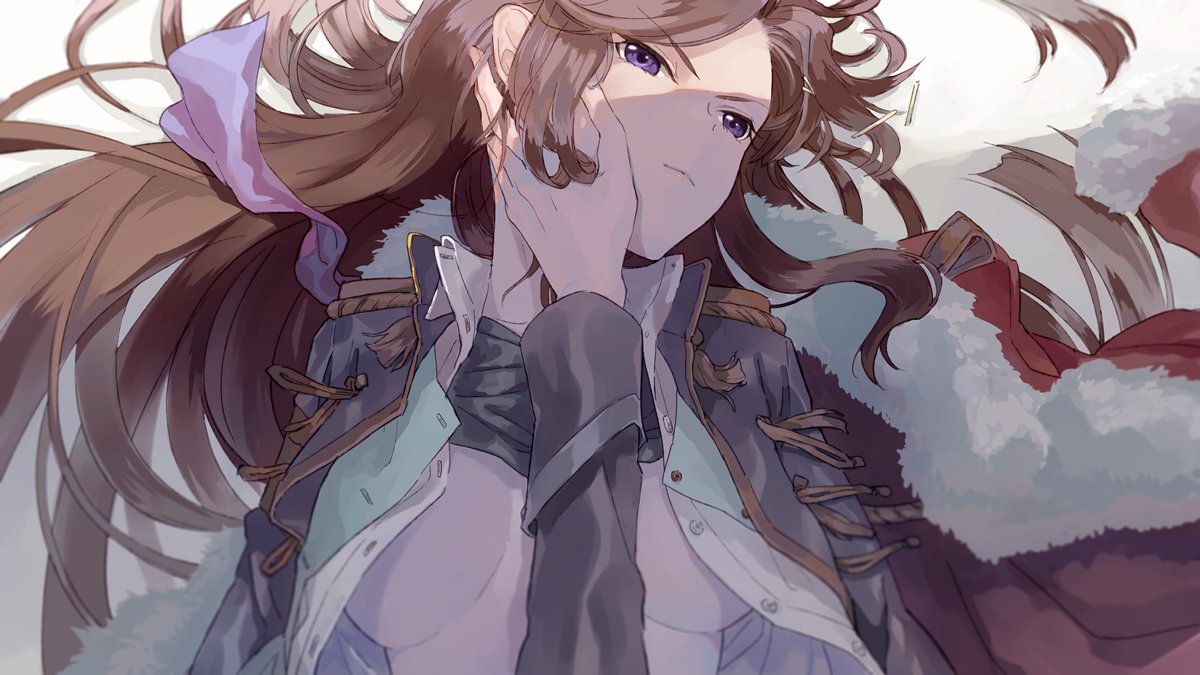 1girl, breasts, brown_hair, epaulettes, hand_on_another's_face, hastune, jacket, long_hair
