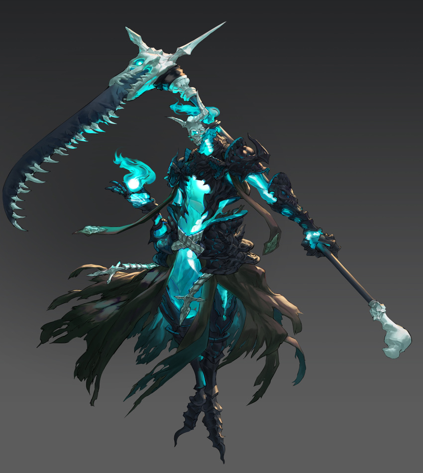 1boy, armor, fire, glowing, glowing_eyes, glowing_hand, glowing_weapon, greaves