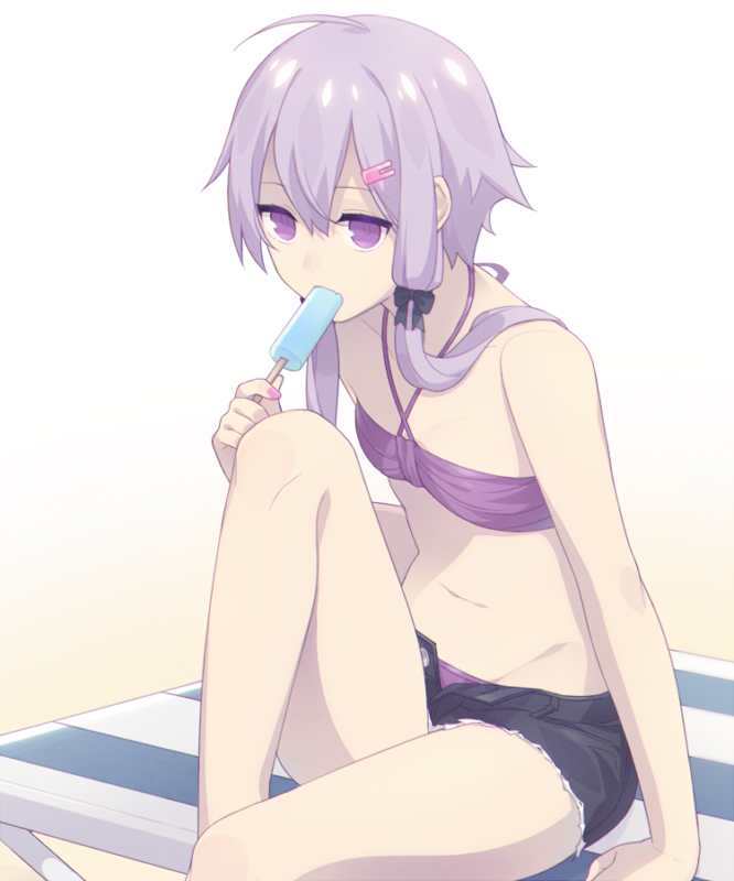 1girl, arm_support, bikini, black_shorts, bunny_hair_ornament, collarbone, eating, flat_chest