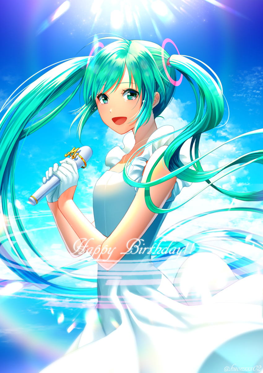 1girl, :d, akatsuki_(kuon), aqua_hair, bangs, blue_sky, day, dress